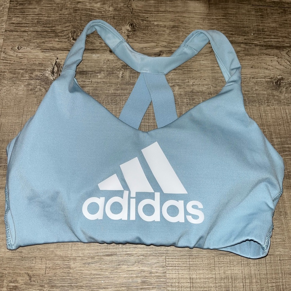 Adidas Baby Blue Halter Racerback Logo Sports Bra Women’s Size S or M? EUC - Picture 2 of 5
